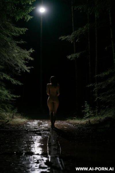 Fully nude woman, walking in the woods, head lamp, night, wet, muddy, fog, moonlight - ai-porn.ai on pornsimulated.com