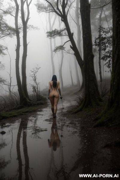 Fully nude woman, walking in the woods, hiking, pack, night, wet, muddy, fog, moonlight, view from the front - ai-porn.ai on pornsimulated.com