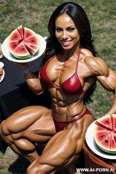 (((latina))) with ((long hair)), ((((muscular short ifbb ruby rivera)))), (no makeup) , ((nude))), ((aroused big erect pointy nipples)), ((smiling)), ((very muscular)), ((very sinewy)), (((very extremely - ai-porn.ai on pornsimulated.com