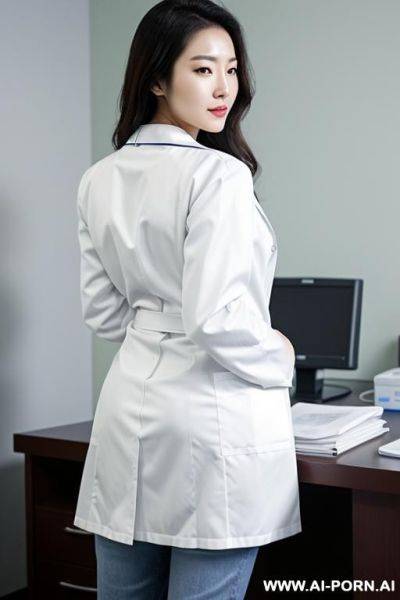 A korean female doctor wearing a white lab coat and jeans, leaning ford over a desk in a medical office, with her back facing the camera. - ai-porn.ai - North Korea on pornsimulated.com