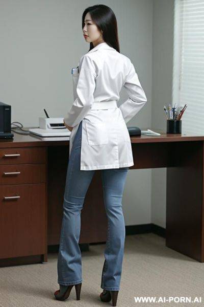 A korean female doctor wearing a short white lab coat and jeans, standing and bent ford over a desk. - ai-porn.ai - North Korea on pornsimulated.com