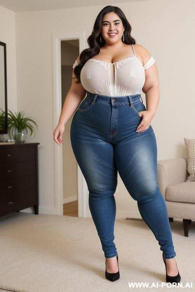 Very obese, rotund, latina fat woman, hourglass shaped, winged eyeliner, y face, high rise jeans, extra thicc, huge hips, huge legs, bbw, plump, vacuuming - ai-porn.ai on pornsimulated.com