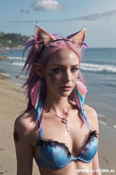 Face, ((sexy)), beautiful, ((face painting)), ((bikini as seashell)), ((tattoo roses)), ((eyes shw)), ((angel wings)), ((rainbow hair)), ((one rose in hair) ((long bu hair)), ((wind)), (( cat face)), - ai-porn.ai on pornsimulated.com