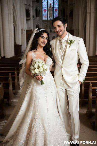 (((couple photo))) (((a bride named reg4ina with one hand on her waist and the other on the shoulder of her groom named do4uglas.))) (((she has extremely black hair, extremely straight, straight - ai-porn.ai on pornsimulated.com