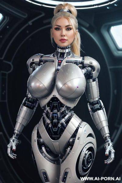 (((realistic look, super realistic))) ((spaceship)) ((front view)) (((beautiful cyborg woman))) (((sexy cyborg woman))) ((blonde)) ((long ponytail hairstyle)) (((perfectly beautiful face, sexy plump lips))) - ai-porn.ai on pornsimulated.com