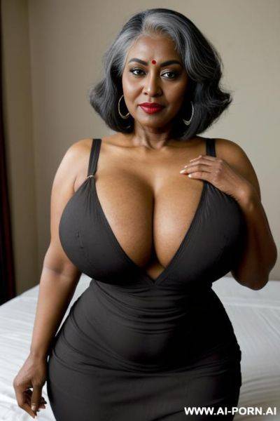 (((black ethnicity))), (((extremely dark skin))), mature cougar, old skin, grandmom, big thick red lipstick, ((((extremely big boobs)))), old woman, - ai-porn.ai on pornsimulated.com