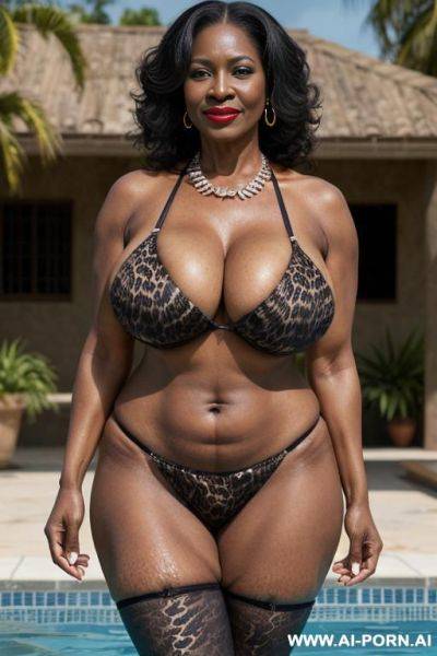 Matured old milf, wrinkles, ((wrinkled skin)), ((aging marks)), saggy old boobs, animal print hooker bikini, necklace, elries, perfect eyes, waist shot, ((swimming pool)), dark red lipstick, ((very - ai-porn.ai on pornsimulated.com