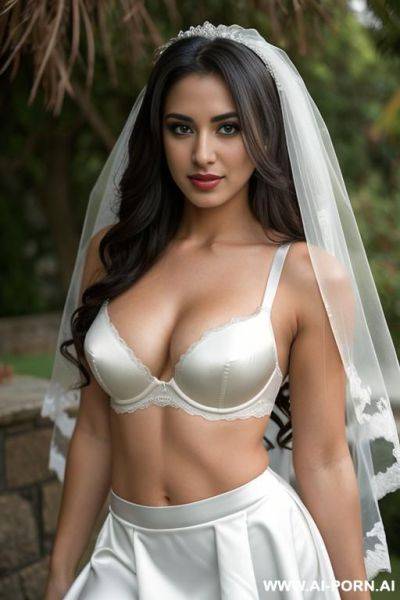 Latina, bra, short skirt, veil, bride seductive expression, outdoor venue - ai-porn.ai on pornsimulated.com