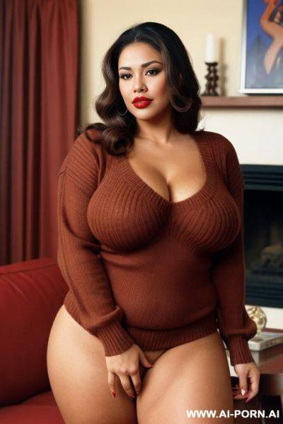 160s, 166. brown hair milf. brown eyes. latina-american. 3. chubby. huge natural 36j boobs. sweater. cutie babe face. red nails. full shot. living room. vintage, 60s style. hot woman. red lips. thick arms. without pants. slutty. pornstar. - ai-porn.ai - Usa on pornsimulated.com