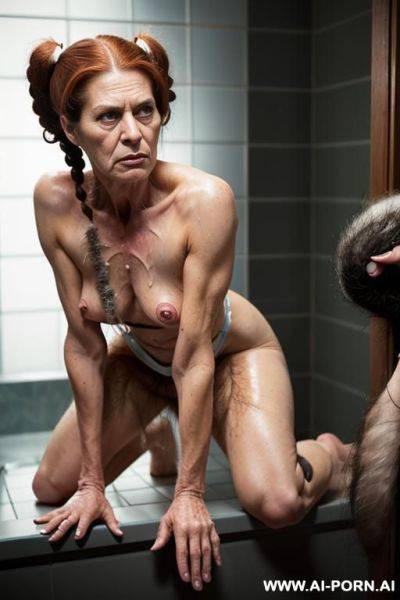(((old matured grandmother))) (((direct frontview))) (((totally naked))) ((((very hairy pussy)))) (((strong hair growth labia))) ((direct look into camera)) ((((((unnaturally gigantic wide hips)))))), (((from back))) - ai-porn.ai on pornsimulated.com