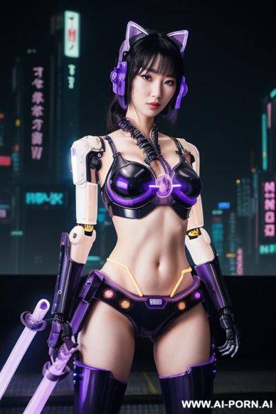 Beautiful realistic japanese woman ((woman fully robotic mechanic body)), (((holding electric and luminous neon violet sword))), ultra detailed, finely detail, highly detailed face, highly detailed eyes, - ai-porn.ai - Japan on pornsimulated.com