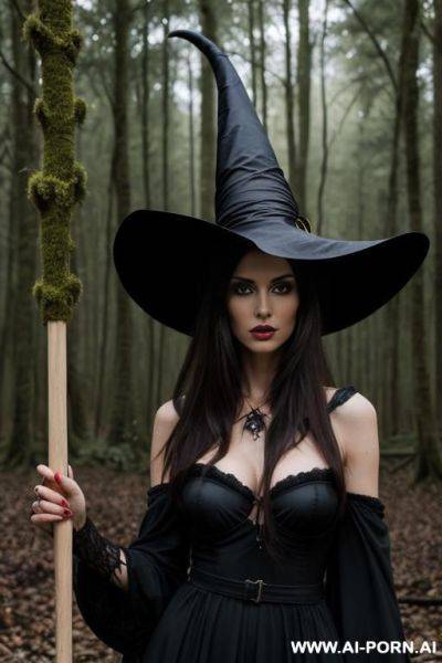 Ultrarealistic, sexy lanky brunette standing in a forest at midnight, witch outfit, a broom, hostile face, messy hair, a witch hat on head, a crow on shoulder - ai-porn.ai on pornsimulated.com