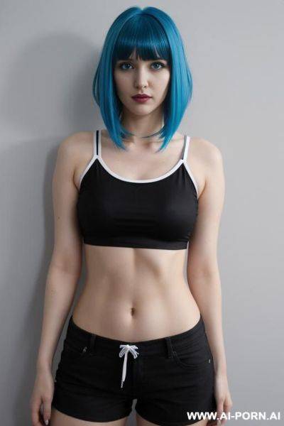 Electric blue hair, no make up, black graphic t shirt, shorts - ai-porn.ai on pornsimulated.com