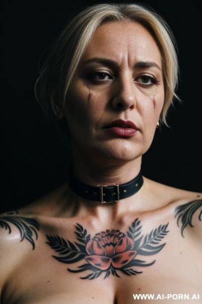 Woman in bondage, in agony, sub, choker, floral tattoo, cooking - ai-porn.ai on pornsimulated.com