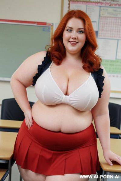 Close up full body photo shot, about at classroom, chubby very obese redhead fat bbw curvy teacher, wearing a sexy and hot micro red ruffle skirt, and elegant top, teaching to the classroom. - ai-porn.ai on pornsimulated.com