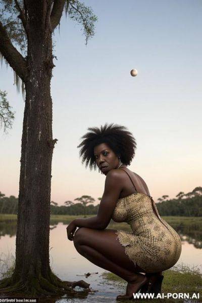 Full body depiction of an african woman, , natural oval boobs, she has afro hair, with a torn and dirty cotton dress, she looks tired, sad and exhausted. she is in the middle of a swamp - ai-porn.ai on pornsimulated.com