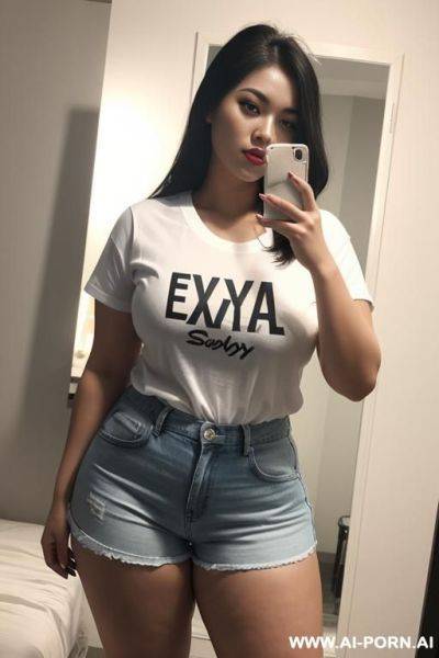 20 year old woman, very attractive curvy woman, body, white asian skin, wearing shorts and t-shirt, mirror selfie - ai-porn.ai on pornsimulated.com