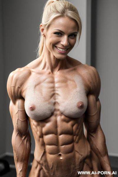 (((short topless very slender lean delicate bodybuilder woman ifbb pro))), ((very muscular very lean natural pec breasts)), (((pretty womans face))), ((no tanlines)), ((eye contact)), ((pretty muscular - ai-porn.ai on pornsimulated.com