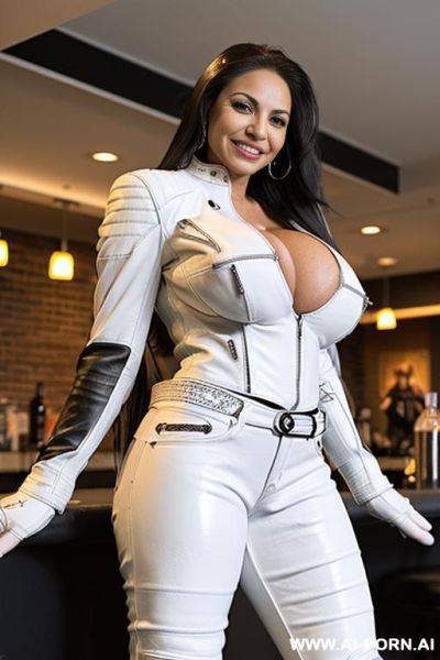 ((((latina milf)))) with (((((gigantic tits))))) and ((long hair)) (makeup) , ((tight white leather jacket)) (((tight white leather pants))) - ai-porn.ai on pornsimulated.com