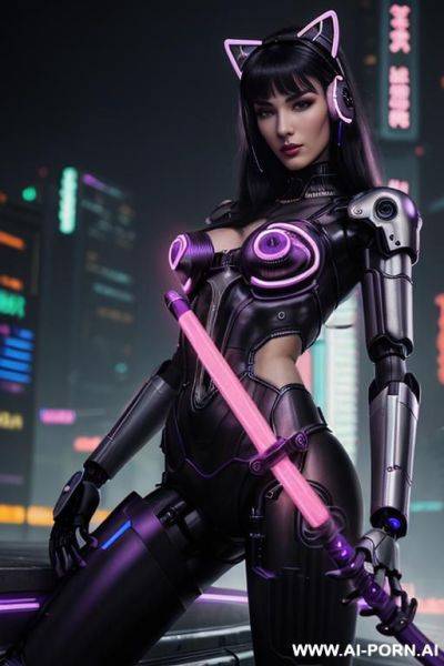 Beautiful realistic woman ((woman fully robotic mechanic body)), (((holding electric and luminous neon violet sword))), ultra detailed, finely detail, highly detailed face, highly detailed eyes, highly - ai-porn.ai on pornsimulated.com