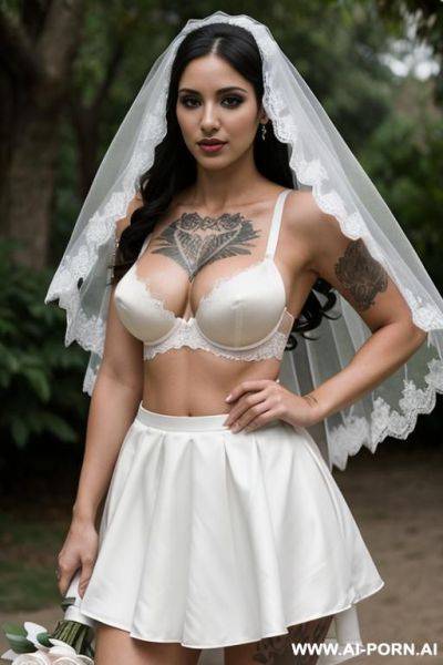 Latina, bra, short skirt, big ((fake)) tits, tattoos, veil, outdoor venue, bride, all white, - ai-porn.ai on pornsimulated.com