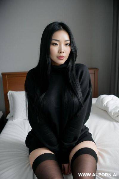 Beautiful naked asian woman in her 20s, with long black hair, wearing black knee-high socks and a black oversized sweatshirt, sitting on the bed, adjusting her hair, spreading her legs, large breasts, - ai-porn.ai on pornsimulated.com