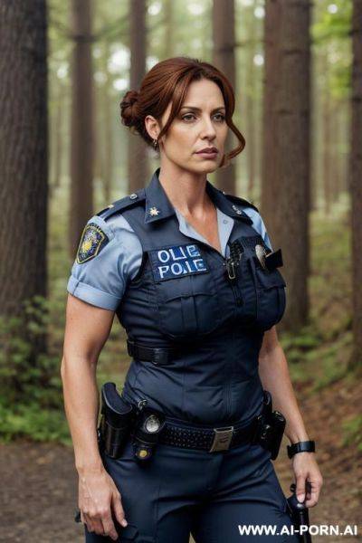 Beautiful milf, cougar, strong arms, massive body, wide hips, strong makeup, police uniform, full body shot - ai-porn.ai on pornsimulated.com