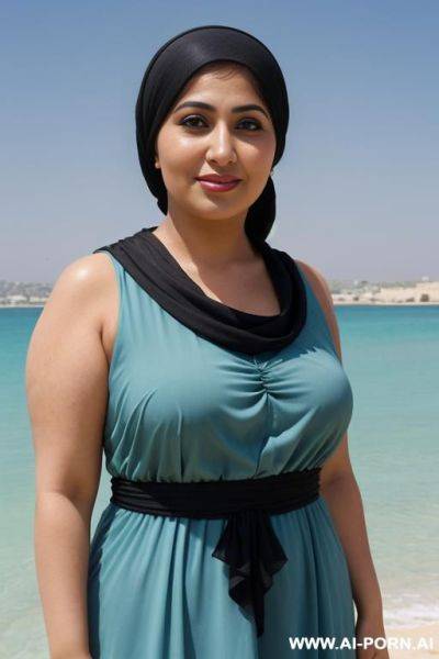 Arab, chubby, beach, summer dress, head scarf - ai-porn.ai on pornsimulated.com