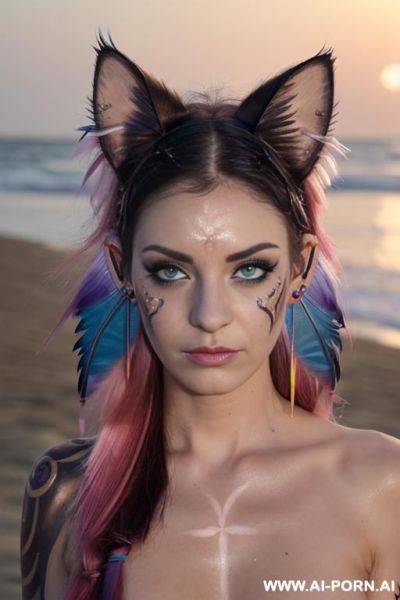Face, ((sexy)), beautiful, ((face painting)), ((tattoo roses)), ((eyes shw)), ((night)), ((angel wings)), ((rainbow hair)), ((one rose in hair) ((long bu hair)), ((wind)), (( cat face)), (( cat ears)), - ai-porn.ai on pornsimulated.com