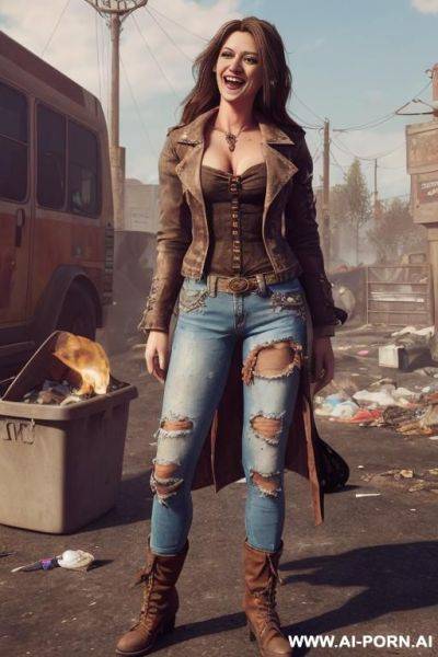 A woman with brown hair is wearing worn and bleached out, ripped and light blue pants and an old jeans jacket. she has long, messy brown hair. there ist lot of trash around. she looks punky - ai-porn.ai on pornsimulated.com