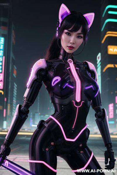 Beautiful realistic woman ((woman fully robotic mechanic body)), (((holding electric and luminous neon violet sword))), ultra detailed, finely detail, highly detailed face, highly detailed eyes, highly - ai-porn.ai on pornsimulated.com