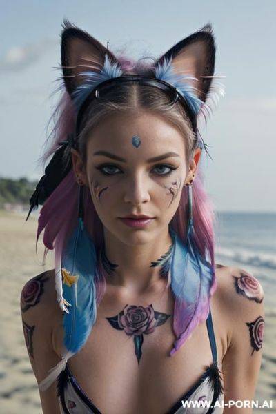 Face, ((sexy)), beautiful, ((face painting)), ((bikini as seashell)), ((tattoo roses)), ((night)), ((eyes shw)), ((angel wings)), ((rainbow hair)), ((one rose in hair) ((long bu hair)), ((wind)), (( cat - ai-porn.ai on pornsimulated.com