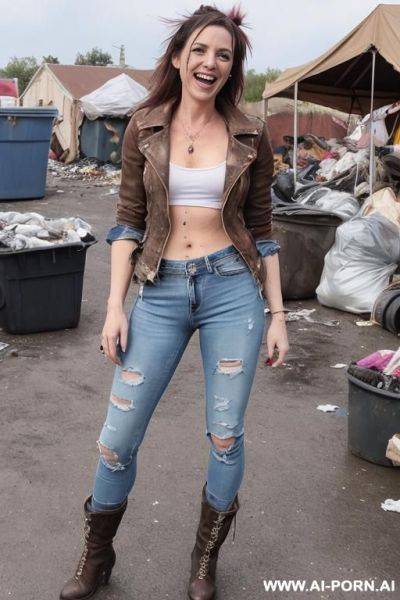 A woman with brown hair is wearing worn and bleached out, ripped and light blue pants and an old jeans jacket. she has long, messy brown hair. there ist lot of trash around. she looks punky - ai-porn.ai on pornsimulated.com
