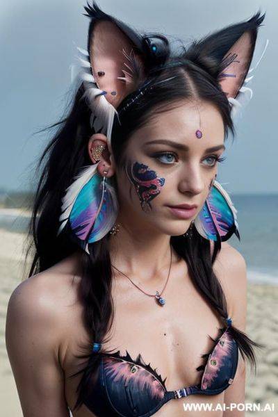 Face, ((sexy)), beautiful, ((face painting)), ((bikini as seashell)), ((tattoo roses)), ((moon)), ((night)), ((eyes shw)), ((angel wings)), ((darkness)), ((dark)), ((rainbow hair)), ((one rose in hair) - ai-porn.ai on pornsimulated.com