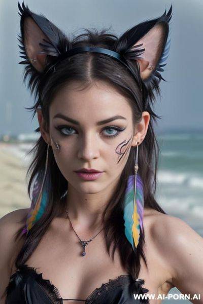 Face, ((sexy)), beautiful, ((face painting)), ((bikini as seashell)), ((tattoo roses)), ((fantasy)), ((moon)), ((night)), ((eyes shw)), ((angel wings)), ((darkness)), ((dark)), ((rainbow hair)), ((one rose in - ai-porn.ai on pornsimulated.com