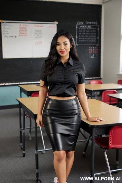 Tight black leather pencil skirt, fishnet black pantyhose, red cotton shirt, black converse sneakers - ai-porn.ai on pornsimulated.com