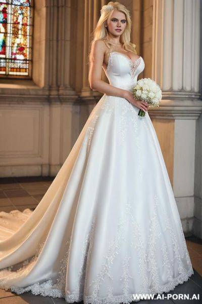 Scandinavian 20 year old woman, (((enormous perfect tits))), ((((white dress)))), best bright blue eyes; eye contact; super model gorgeous face; long lean legs; seductive smirk - ai-porn.ai on pornsimulated.com