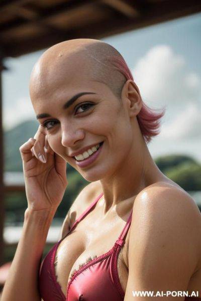 ((2 realistics pictures)), best quality, highly detailed, sporty housewife, blond hair, beautiful face, we see her naked tits, (natural normal sized tits), naked, hairy pubic, smiling, sit, (legs - ai-porn.ai on pornsimulated.com