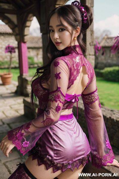 Pretty, ukrainian, 30, messy dark brown hair, white skin, saggy boobs, slight smile, makeup, blusher, standing, spreading legs, turtleneck, fabric skirt, walled garden background. - ai-porn.ai - Ukraine on pornsimulated.com