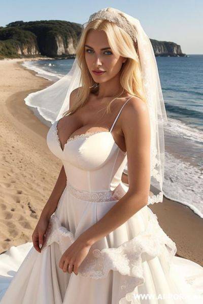 Scandinavian 20 year old woman, (((enormous perfect tits))), ((((white dress)))), best bright blue eyes; eye contact; gorgeous super model face; long lean legs; seductive smirk - ai-porn.ai on pornsimulated.com