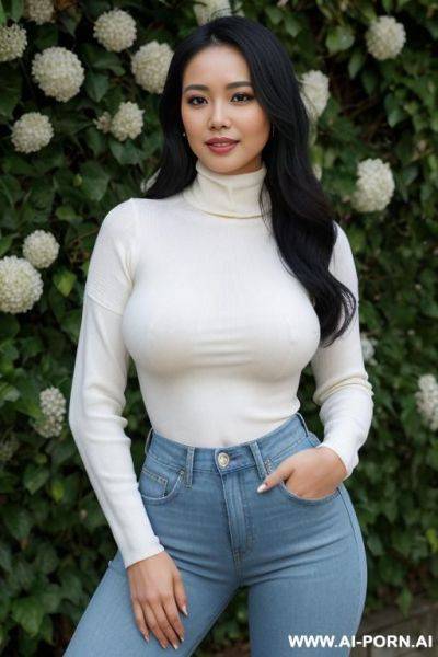 Pretty, philippina, 30, wavy black hair, natural boobs, slight smile, makeup, blusher, standing, spreading legs, white turtleneck, blue jeans, walled garden background. - ai-porn.ai on pornsimulated.com