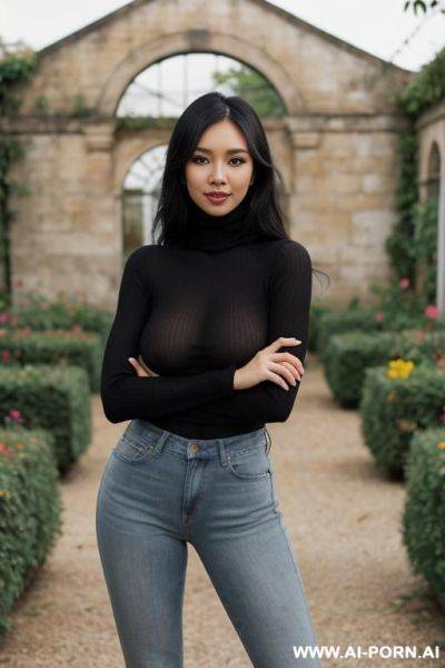 Pretty, philippina, caucasian, 30, messy black hair, natural boobs, slight smile, makeup, blusher, standing, spreading legs, turtleneck, jeans, walled garden background. - ai-porn.ai on pornsimulated.com