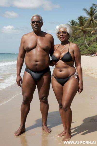 Ebony granny, dressed in a bikini, (((standing in front with husband))), on a beach full of people, curvy, body, gray hair, bottomheavy, big, ass, huge, gigantic, thick, thighs, massive, - ai-porn.ai on pornsimulated.com