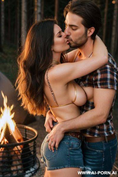 Another man is hugging and kissing her. campfire. plaid shirt. tight jeans shorts. hairy pussy. large teardrop saggy breasts. make up. getting into sleeping bag. another man is hugging and kissing her - ai-porn.ai on pornsimulated.com