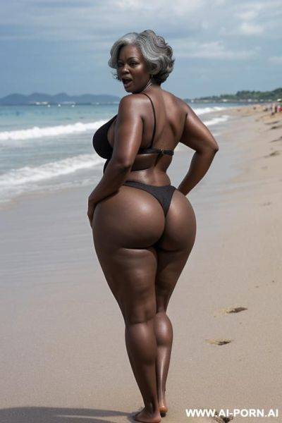 Ebony granny, (((tgopless))), standing in front, on a beach full of people, curvy, body, gray hair, bottomheavy, big, ass, huge, gigantic, thick - ai-porn.ai on pornsimulated.com