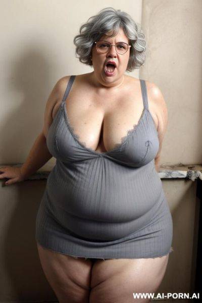 Old granny, totally naked, giant boobs, giant breasts, huge ass, thick thighs, hairy pussy ((big hairy pussy)) giant hair ((giant pubes)) - ai-porn.ai on pornsimulated.com