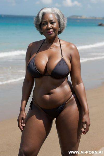 Ebony granny, dressed in a bikini, standing in front, on a beach full of people, curvy, body, gray hair, bottomheavy, big, ass, huge, gigantic, thick, thighs, massive, , dggy, woman, pov, penis, - ai-porn.ai on pornsimulated.com
