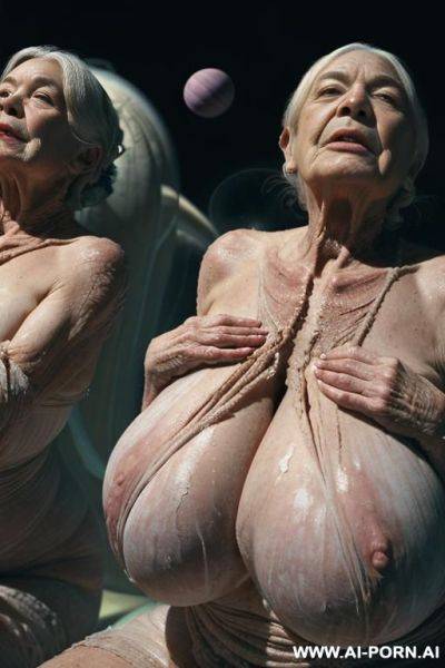 An elderly woman sits naked and upright on a soft surface, relaxed but slightly hunched, her absurdly oversized breasts hang down over her stomach and rest on her thighs, ((((!!!!each one - ai-porn.ai on pornsimulated.com
