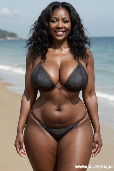 Ebony granny, topless, standing in front, on a beach full of people, curvy, body, gray hair, bottomheavy, big, ass, huge, gigantic, thick, thighs, massive, full body shot - ai-porn.ai on pornsimulated.com
