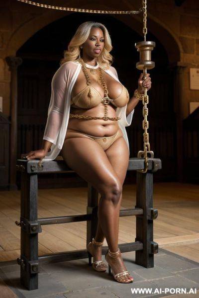 Curvy mom, blonde hair, big heavy tits, wide hips, big ass, s, dressed in a light short lace transparent robe, body, (((keep face))), (((extremely dark skin))), grandmom, mature cougar, gilf, - ai-porn.ai on pornsimulated.com